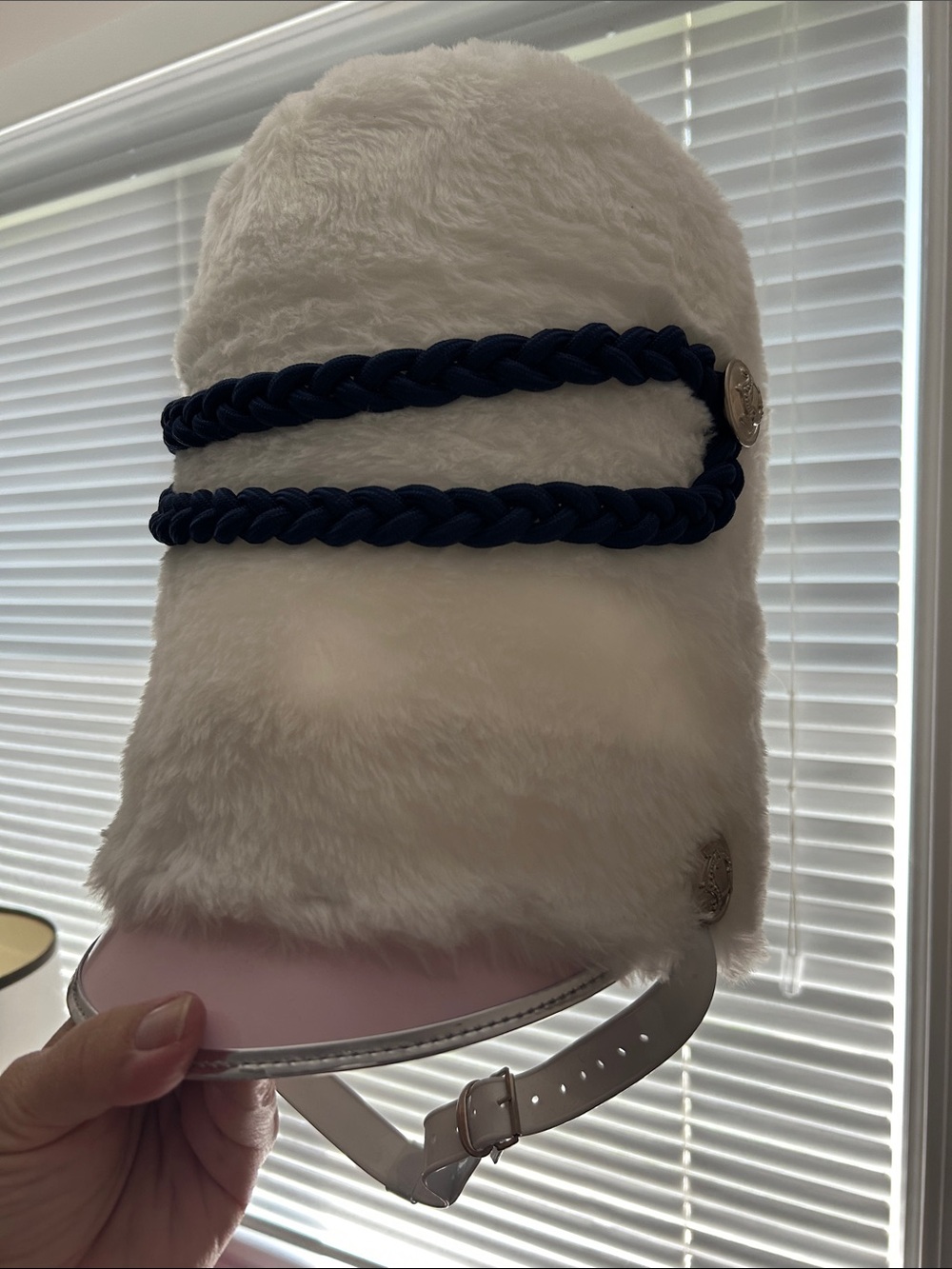 Faux Fur Military-Style Cap with Navy Braided Trim